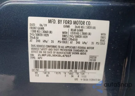 2019 Lincoln Nautilus Reserve z USA, uszkodzony, nr VIN 2LMPJ8L98KBL47937